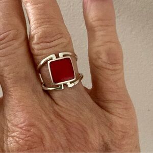 Silver and Red Geometric Ring